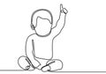 One line drawing illustration of a baby. Cute baby boy sitting and pointing up with the finger drawn from the hand a picture of