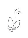 One line drawing illustration of a girl dreaming as she smells flowers.