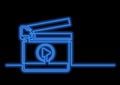 One line drawing of isolated vector object - movie production clapboard with neon vector effect