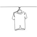 One line drawing of isolated vector object t-shirt on hanger. Clothes on a hanger concept. Fitting room icon on white background. Royalty Free Stock Photo