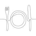 One line drawing of knife, fork and plate.Continuous line art illustrations