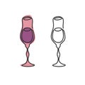 One line drawing liquor glass on white background. Two kinds colored cartoon graphic sketch and black white. Continuous line way.