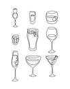 One line drawing liquor rum whiskey vodka beer red wine champagne vermouth martini glass on white background. Freehand black white Royalty Free Stock Photo