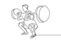 One line drawing of man body builder at gym. Male person workout with lifting barbells during a weightlifting session at gymnasium
