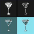 One line drawing martini glass with olive on various background. Four types of images. Colored cartoon graphic sketch. Continuous