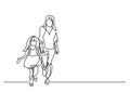 One line drawing of mother and daughter walking together