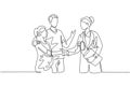 One line drawing of obstetrician and gynecologist doctor handshake and congratulate a happy young couple about the pregnancy.