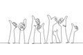 One line drawing of people arm hands raising with thumbs up gesture. Good service excellence in business sector sign concept.