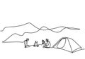 One line drawing people camping. Young man enjoy outdoor activity with tents and campfire. Adventure camping and exploration.