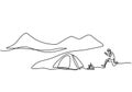 One line drawing people camping. Young man enjoy outdoor activity with tents and campfire. Adventure camping and exploration. Royalty Free Stock Photo