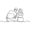 One line drawing of people discussion on work progress. Concept business metaphor of two persons, man and woman as coworker with