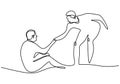 One line drawing of people help the others. Young man helping the other man who have fallen show solidarity gesture. Humanitarian Royalty Free Stock Photo