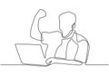 One line drawing of person happy with his laptop. Worker concept minimalism contour design
