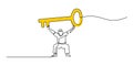 One line drawing of a person holding a big key, representing power, opportunity, and unlocking potential