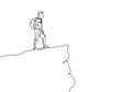 One line drawing of person looking at the top of rock mountain peak.. Victory symbol vector illustration