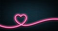 One line drawing pink and white neon heart glowing on dark brick wall background Royalty Free Stock Photo