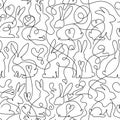 One line drawing rabbits seamless pattern. Easter background. Pattern for wallpaper, web, decals, spring fashion fabric, textile,
