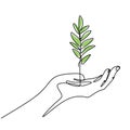 One line drawing of sprout in hand. Seedlings grow in the hands of trees. Environment Earth Day single line vector art. Concept of