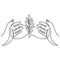 One line drawing of sprout in hand. Seedlings grow in the hands of trees. Environment Earth Day single line vector art. Concept of