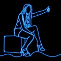 One line drawing traveler girl icon neon concept