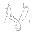 One line drawing of two adult hands holding each other together to express love and care. Romantic young couple lover concept. Royalty Free Stock Photo