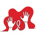 One line drawing of two hands with red ribbon symbol for aids. Prevention and protection HIV Aids minimalism design. World AIDS