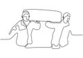 One line drawing of two people lift up a box. Continuous hand drawn single lineart of workers doing job on construction industry.