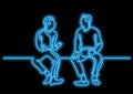 One line drawing of two sitting men talking with neon vector eff Royalty Free Stock Photo