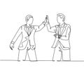 One line drawing of two young happy businessmen celebrating their successive goal at the business meeting with high five gesture. Royalty Free Stock Photo