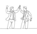 One line drawing of two young happy businessmen celebrating their successive goal with high five gesture together. Business deal Royalty Free Stock Photo