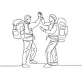 One line drawing of two young happy tourist carrying backpack to go to holiday and gives high five gesture. Backpacker traveling