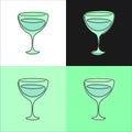 One line drawing vermouth glass on various background. Four types of images. Colored cartoon graphic sketch. Continuous line way.