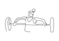 One line drawing of woman body builder at gym. Girl workout with lifting barbells during a weightlifting session at gymnasium