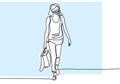 One line drawing a woman with shopping bag. Happy young girl wear a mask and go to shopping after self isolation in pandemic Royalty Free Stock Photo