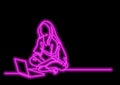 One line drawing of a woman sitting with laptop computer with neon vector effect Royalty Free Stock Photo