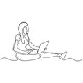 One line drawing of woman sitting with laptop computer vector minimalism Royalty Free Stock Photo