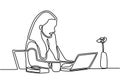 One line drawing of a woman sitting with laptop computer. A young girl writing while sitting in her office. Working behind a Royalty Free Stock Photo