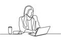 One line drawing of a woman sitting with laptop computer. A young girl writing while sitting in her office. Working behind a Royalty Free Stock Photo