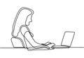 One line drawing of a woman sitting with laptop computer. A young girl writing while sitting in her office. Working behind a Royalty Free Stock Photo