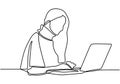 One line drawing of a woman sitting with laptop computer. A young girl writing while sitting in her office. Working behind a Royalty Free Stock Photo