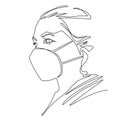 One line drawing of woman wearing disposable medical face mask to protect against high air toxic pollution city. Stop