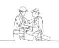 One line drawing of young architect holding on a roll paper and builder foreman wearing construction vest and helmet handshake to