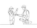 One line drawing of young architect woman and builder foreman wearing construction vest and helmet handshake to deal a project.