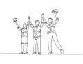 One line drawing of young architect woman and builder wearing construction vest fist their hands up the air to celebrate a project
