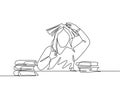 One line drawing of young bored female student read stack of books in library and put the book on her head and gives thumb up