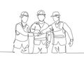 One line drawing of young builder and architect wearing construction vest and helmet handshake joining their hands together. Great