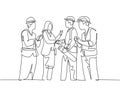 One line drawing of young business woman and architect builder wearing construction vest helmet handshake to deal project. Great