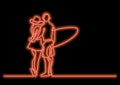 one line drawing of young couple standing on beach with surfboard with neon vector effect Royalty Free Stock Photo