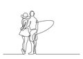 One line drawing of young couple standing on beach with surfboard Royalty Free Stock Photo