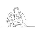 One line drawing of young dentist man calming down his little boy patient and giving thumbs up gesture. Teeth health care concept